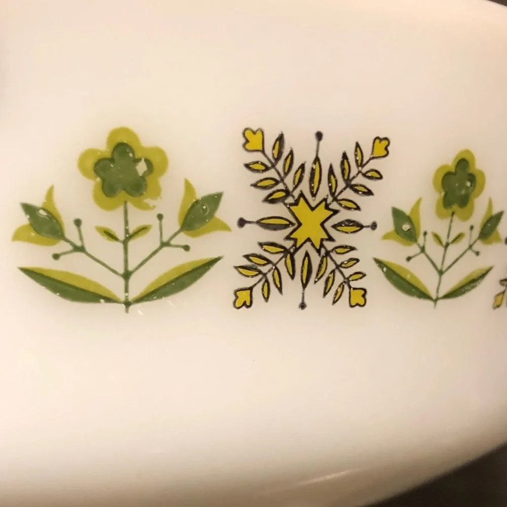 Anchor Hocking Fire King White Green Meadow Baking Dish 1.5QT